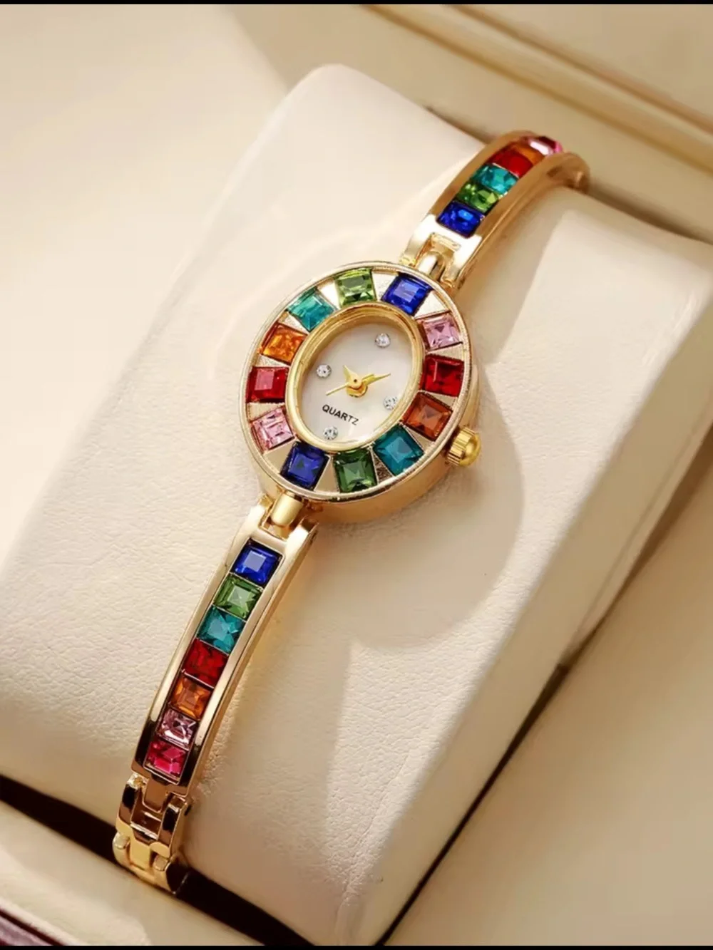Gold-Tone Bracelet Watch with Multicolor Gemstones